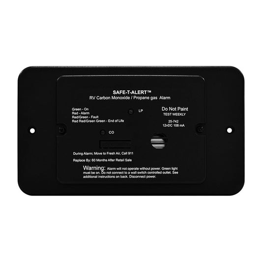 SafeTAlert 25 Series Flush Mount Dual Carbon MonoxidePropane Alarm wTrim Ring Black 12V Hard Wire 25742TRBL