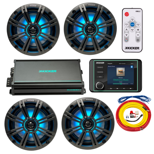 Kicker Marine Audio System – (4) 6.5″ RGB LED Speakers, Amp, Wiring, - (2) 45KM654L+(1) 48KMA6004+(1) 47KMPK4+(1) KMLC+(1) KMC5