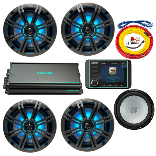 Kicker Marine Audio System – (4) 6.5″ RGB LED Speakers, 6-Ch Amp, 12″ - (2) 45KM654L+(1) 48KMA6006+(1) 45KMF124+(1) 47KMPK4+(1) KMC5