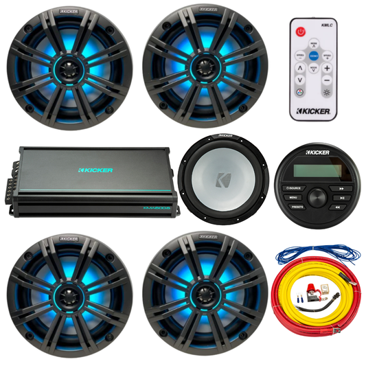 Kicker Marine Audio System – (4) 6.5″ RGB LED Speakers, 6-Ch Amp, - (2) 45KM654L+(1) 48KMA6006+(1) 45KMF124+(1) 47KMPK4+(1) KMLC+(1) KMC2