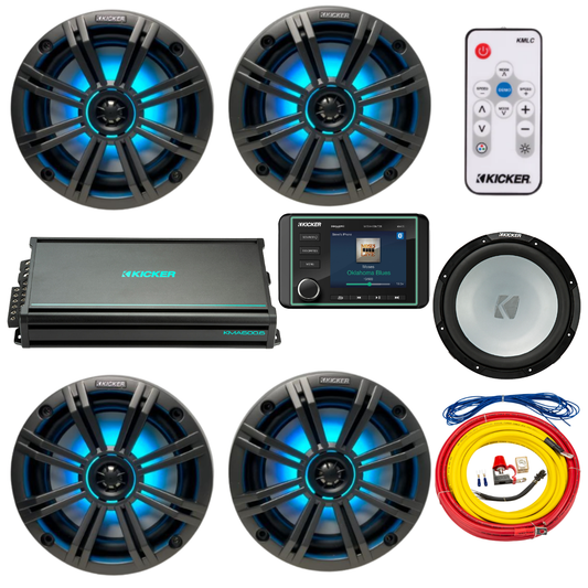Kicker Marine Audio System – (4) 6.5″ RGB LED Speakers, 6-Ch Amp, - (2) 45KM654L+(1) 48KMA6006+(1) 45KMF124+(1) 47KMPK4+(1) KMLC+(1) KMC5