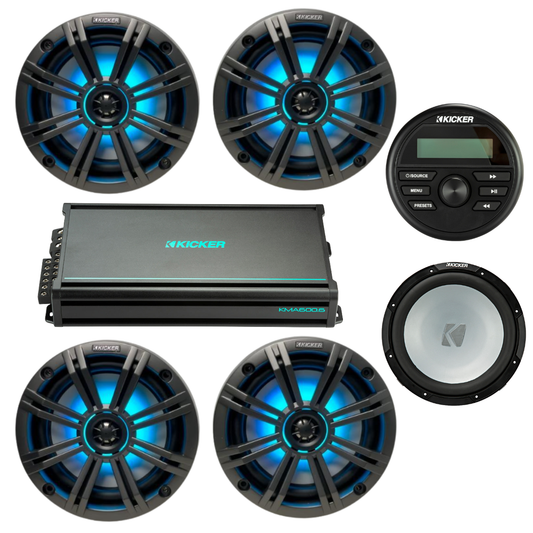 Kicker Marine Audio System – (4) 6.5″ RGB LED Speakers, 6-Ch Amp, 12″ - (2) 45KM654L+(1) 48KMA6006+(1) 45KMF124+(1) KMC2