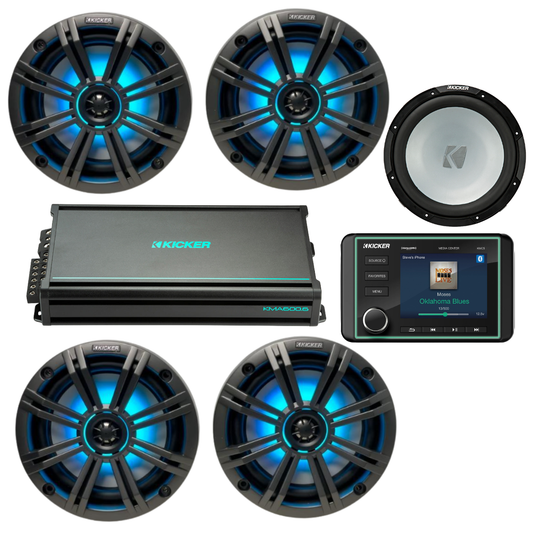 Kicker Marine Audio System – (4) 6.5″ RGB LED Speakers, 6-Ch Amp, 12″ - (2) 45KM654L+(1) 48KMA6006+(1) 45KMF124+(1) KMC5