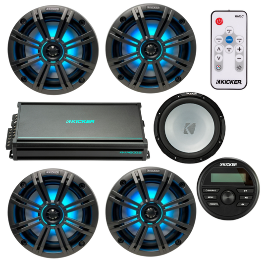 Kicker Marine Audio System – (4) 6.5″ RGB LED Speakers, 6-Ch Amp, 12″ - (2) 45KM654L+(1) 48KMA6006+(1) 45KMF124+(1) KMLC+(1) KMC2