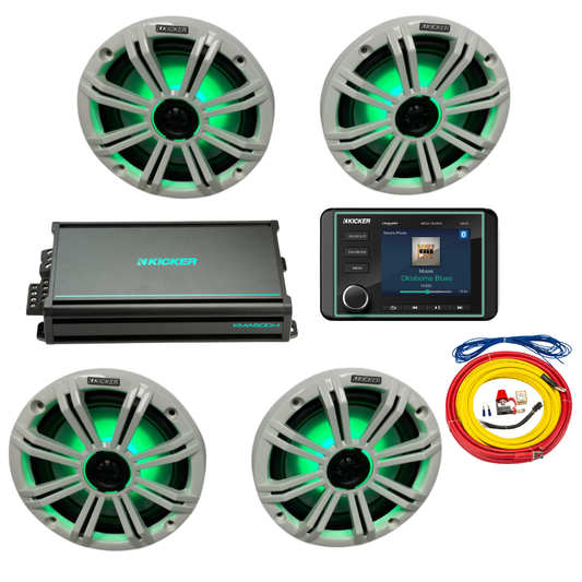 Kicker Marine Audio System – (4) 8″ RGB LED Speakers, Amp, Wiring & - (2) 45KM84L + (1) 48KMA6004 + (1) 47KMPK4 + (1) KMC5