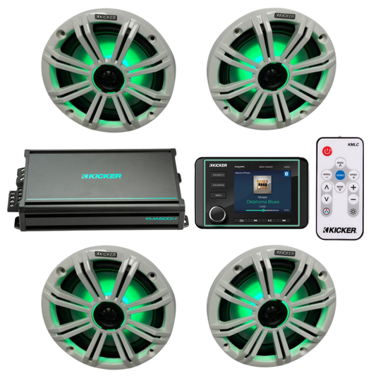 Kicker Marine Audio System – (4) 8″ RGB LED Speakers, Amp, Controller - (2) 45KM84L + (1) 48KMA6004 + (1) KMLC + (1) KMC5