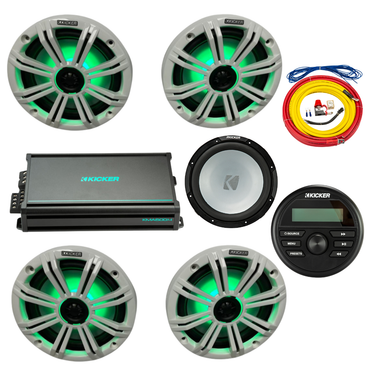 Kicker Marine Audio Bundle – (4) 8″ RGB LED Speakers, 6-Ch Amp, Sub, - (2) 45KM84L + 48KMA6006 + 45KMF124 + 47KMPK4 + KMC5