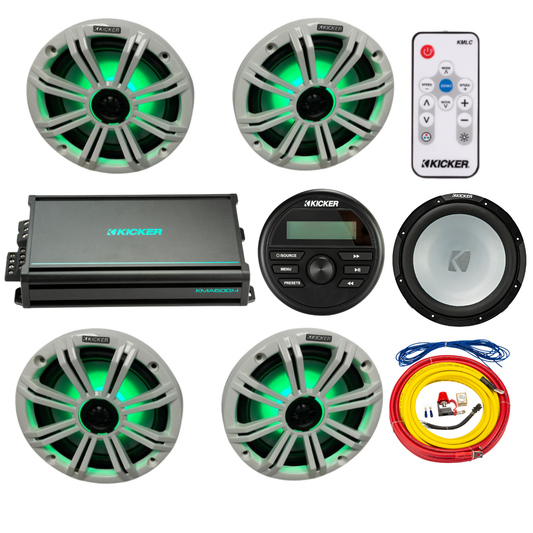 Kicker Marine Audio System – (4) 8″ RGB LED Speakers, 6-Ch Amp, Sub, - (2) 45KM84L + 48KMA6006 + 45KMF124 + 47KMPK4 + KMLC + KMC2