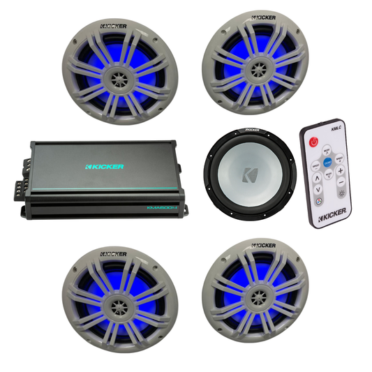 Kicker Marine Audio System – 4× 6.5″ RGB Speakers, 6-Channel Amp, 12″ - (2) 51KM604WL+ (1) 48KMA6006 + (1) 45KMF124 + (1) KMLC