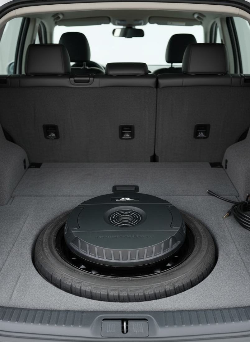 Car trunk with a large black car subwoofer spare tire 11 inches
