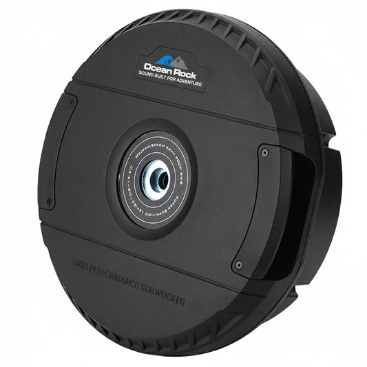Black subwoofer with 'Ocean Rock' branding on a white background. Car Subwoofer spare tire.
