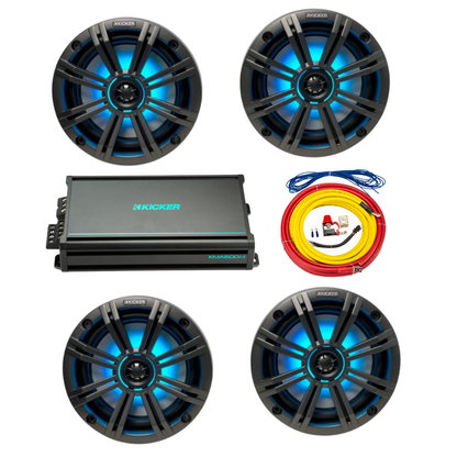 Kicker Marine Audio Bundle – (4) 6.5″ RGB LED Speakers, 4-Channel Amp