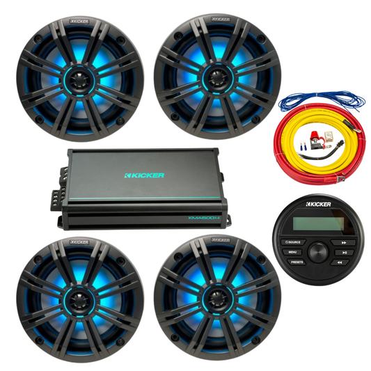 Kicker Marine Audio System – (4) 6.5″ RGB LED Speakers, Amp, Wiring & - (2) 45KM654L+(1) 48KMA6004+(1) 47KMPK4+(1) KMC2