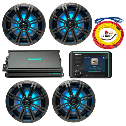 Kicker Marine Audio System – (4) 6.5″ RGB LED Speakers, Amp, Wiring & - (2) 45KM654L+(1) 48KMA6004+(1) 47KMPK4+(1) KMC5