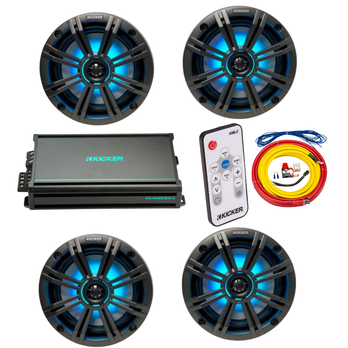 Kicker Marine Audio System – 4× 6.5″ RGB LED Speakers, 4-Channel Amp,