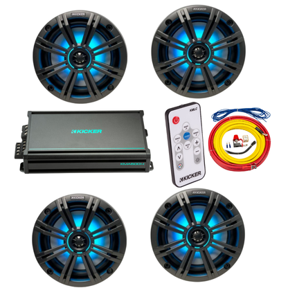 Kicker Marine Audio System – 4× 6.5″ RGB LED Speakers, 4-Channel Amp,