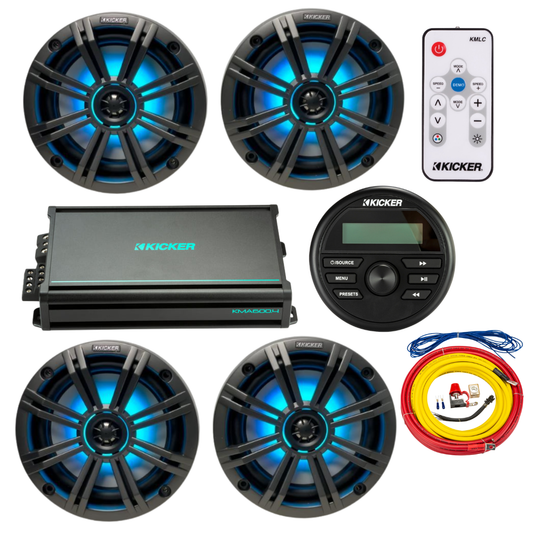 Kicker Marine Audio System – (4) 6.5″ RGB LED Speakers, Amp, Wiring, - (2) 45KM654L+(1) 48KMA6004+(1) 47KMPK4+(1) KMLC+(1) KMC2