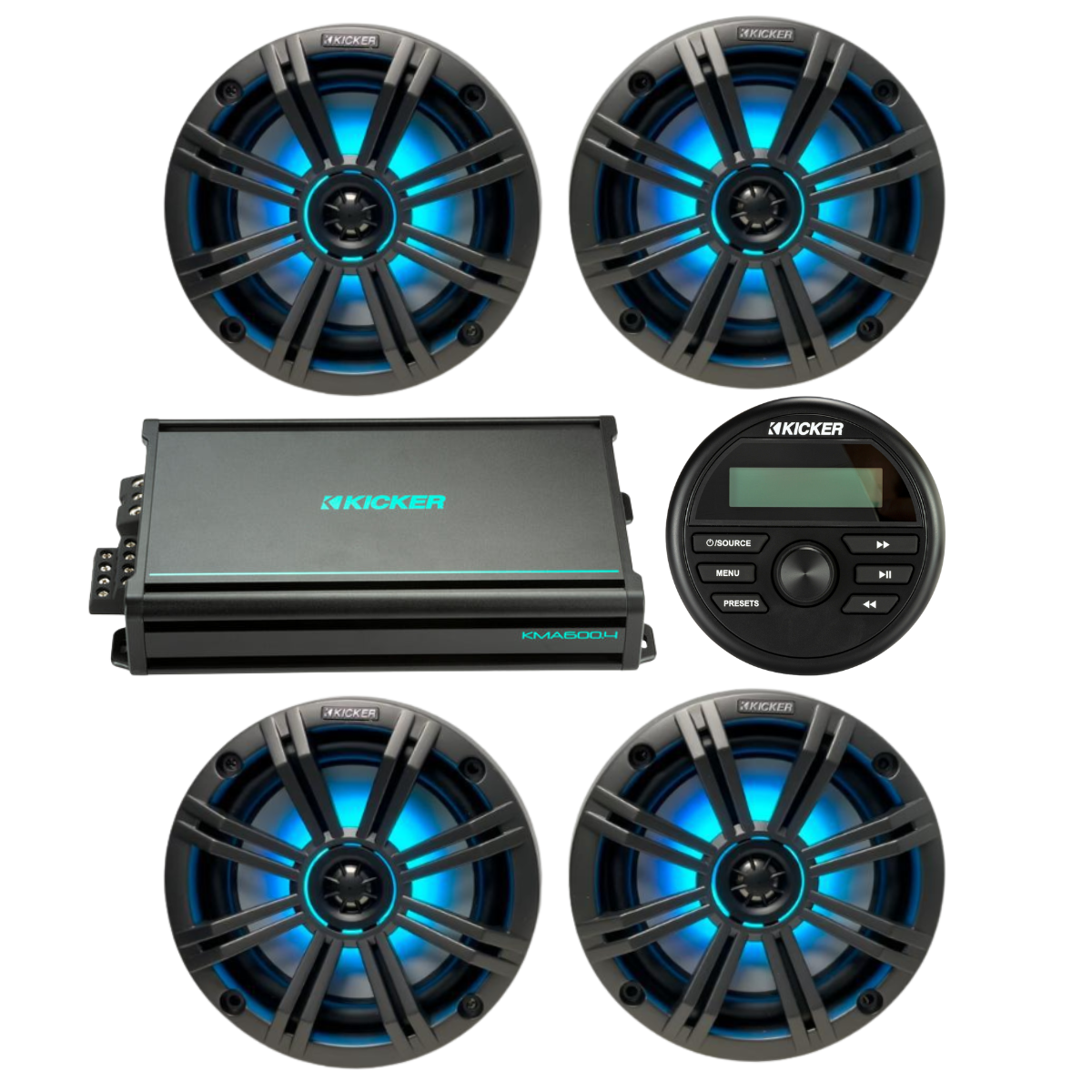 Kicker Marine Audio System – (4) 6.5″ RGB LED Speakers, 4-Ch Amp & - (2) 45KM654L+ (1) 48KMA6004 + (1) KMC2