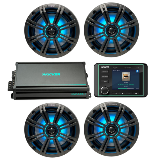Kicker Marine Audio System – (4) 6.5″ RGB LED Speakers, 4-Ch Amp & - (2) 45KM654L+(1) 48KMA6004+(1) KMC5
