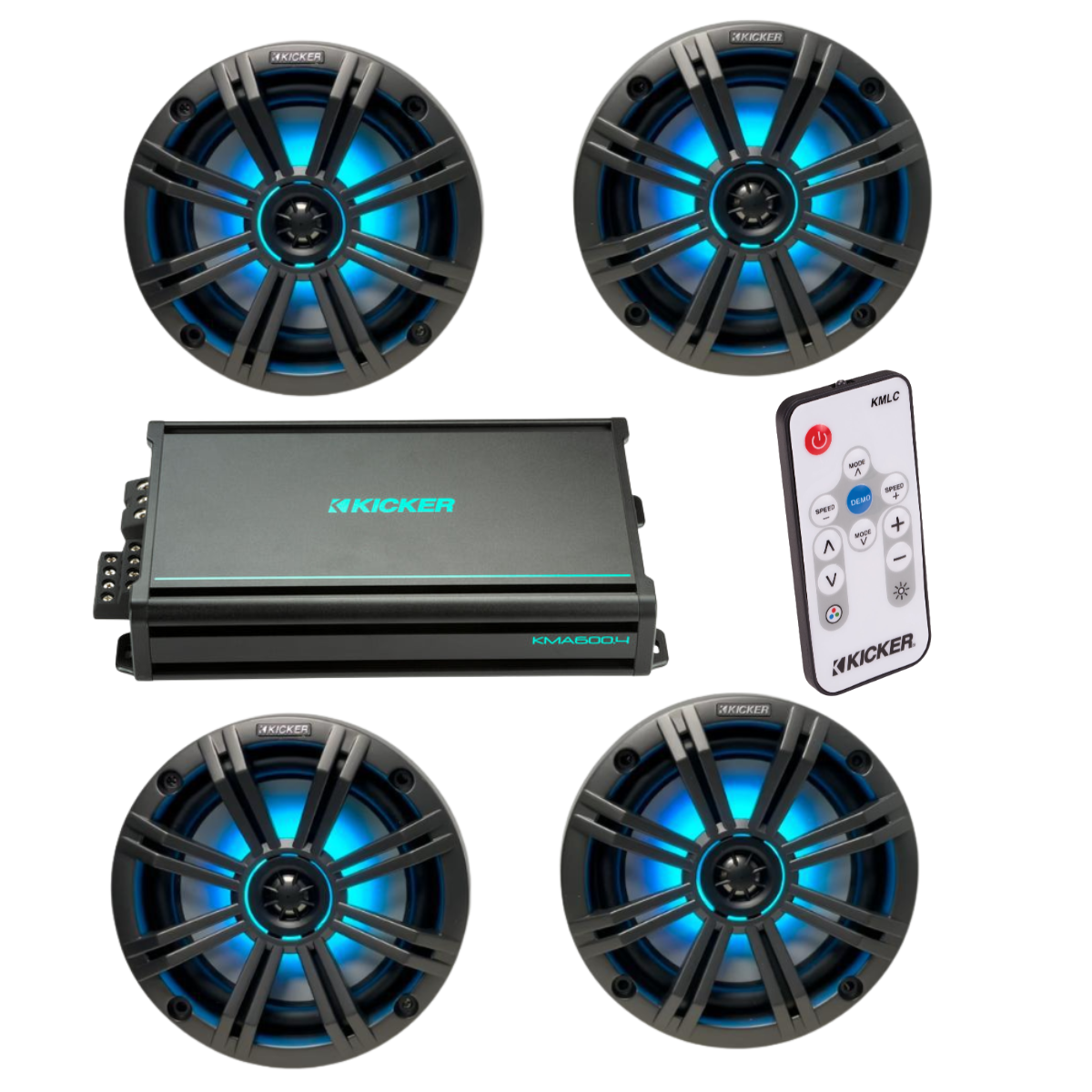 Kicker Marine Audio System – 4× 6.5″ RGB LED Speakers, 4-Channel Amp