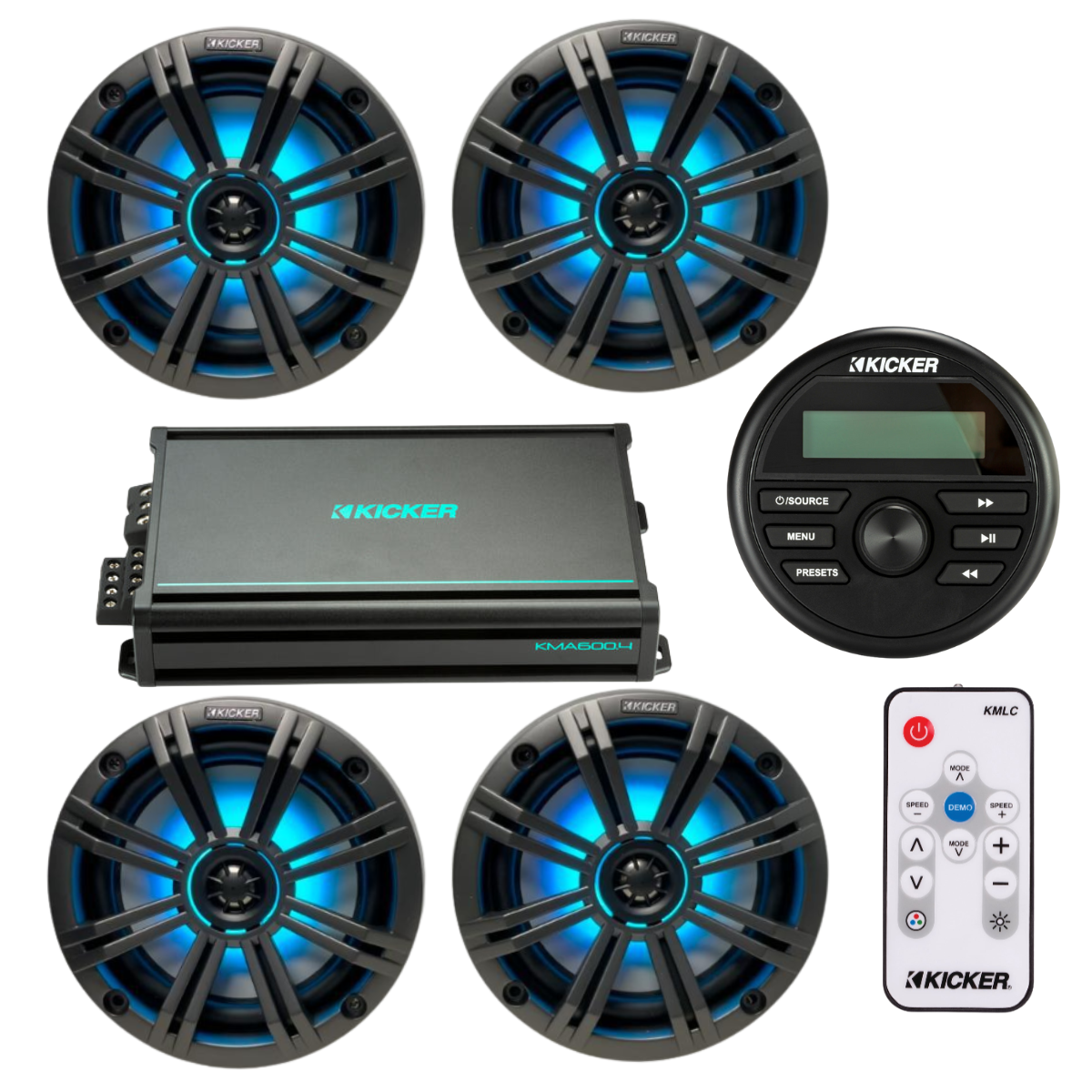 Kicker Marine Audio System – (4) 6.5″ RGB LED Speakers, Amp, - (2) 45KM654L+(1) 48KMA6004+(1) KMLC+(1) KMC2