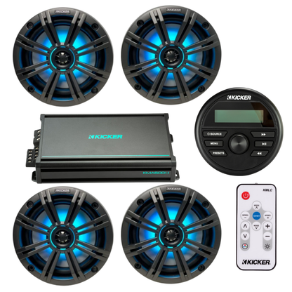 Kicker Marine Audio System – (4) 6.5″ RGB LED Speakers, Amp, - (2) 45KM654L+(1) 48KMA6004+(1) KMLC+(1) KMC2