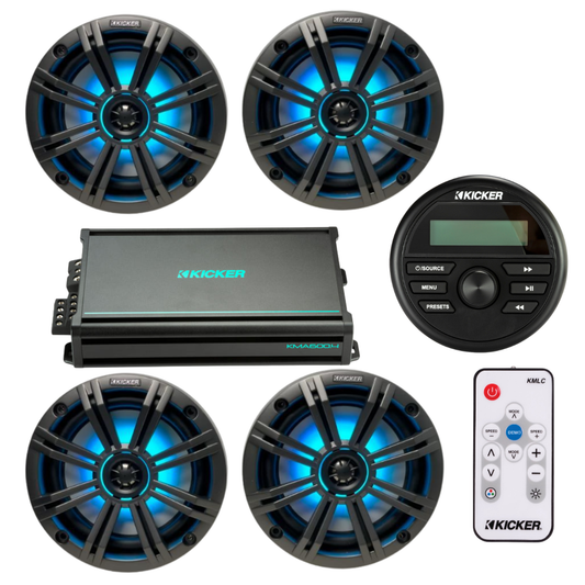 Kicker Marine Audio System – (4) 6.5″ RGB LED Speakers, Amp, - (2) 45KM654L+(1) 48KMA6004+(1) KMLC+(1) KMC2