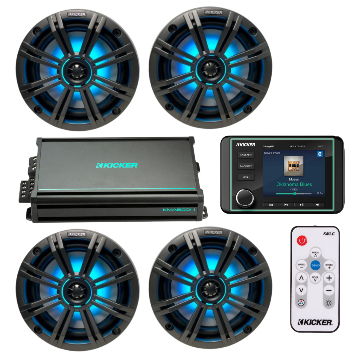 Kicker Marine Audio System – (4) 6.5″ RGB LED Speakers, Amp, - (2) 45KM654L+(1) 48KMA6004+(1) KMLC+(1) KMC5