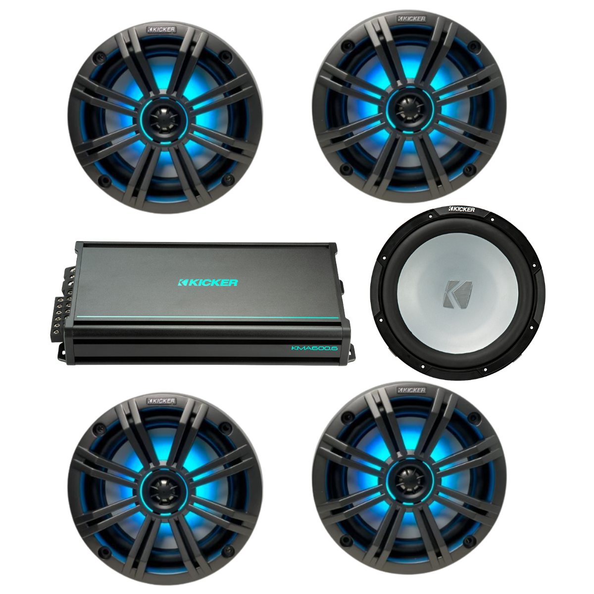Kicker Marine Audio Bundle – (4) 6.5″ RGB LED Speakers, 6-Channel Amp