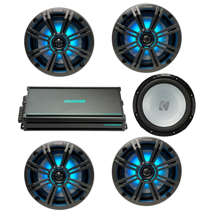 Kicker Marine Audio Bundle – (4) 6.5″ RGB LED Speakers, 6-Channel Amp