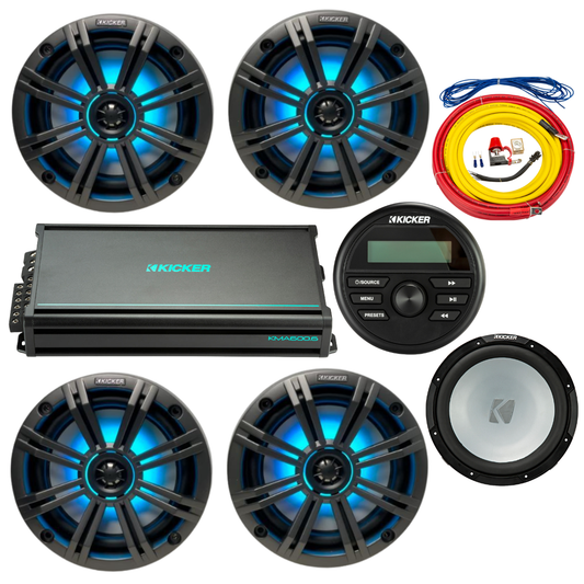 Kicker Marine Audio System – (4) 6.5″ RGB LED Speakers, 6-Ch Amp, 12″ - (2) 45KM654L+(1) 48KMA6006+(1) 45KMF124+(1) 47KMPK4+(1) KMC2