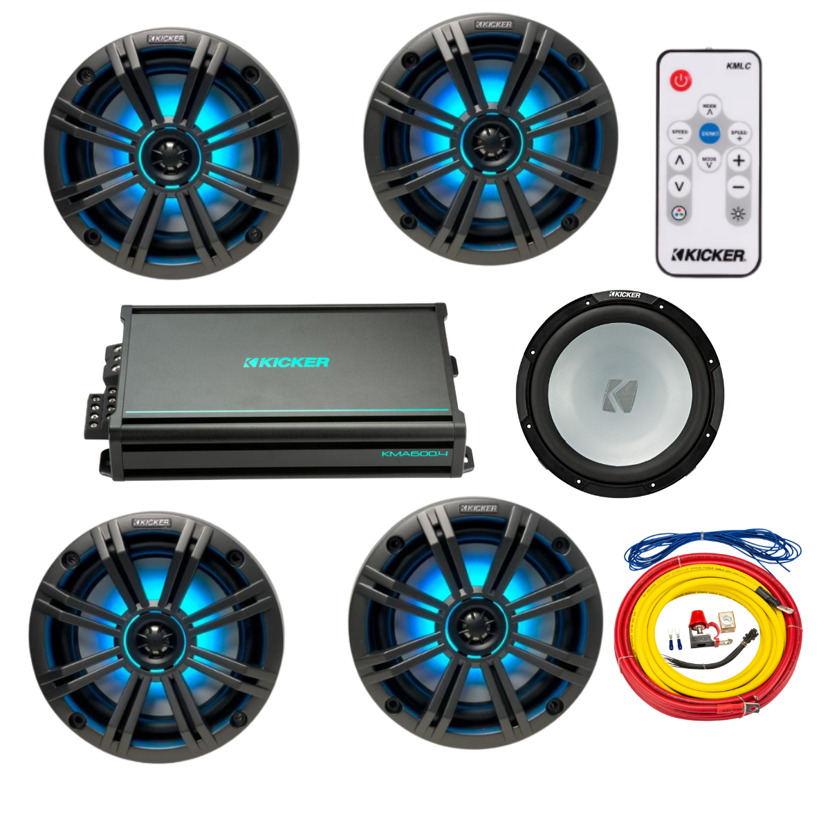Kicker Marine Audio System – 4× 6.5″ RGB LED Speakers, 6-Channel Amp,