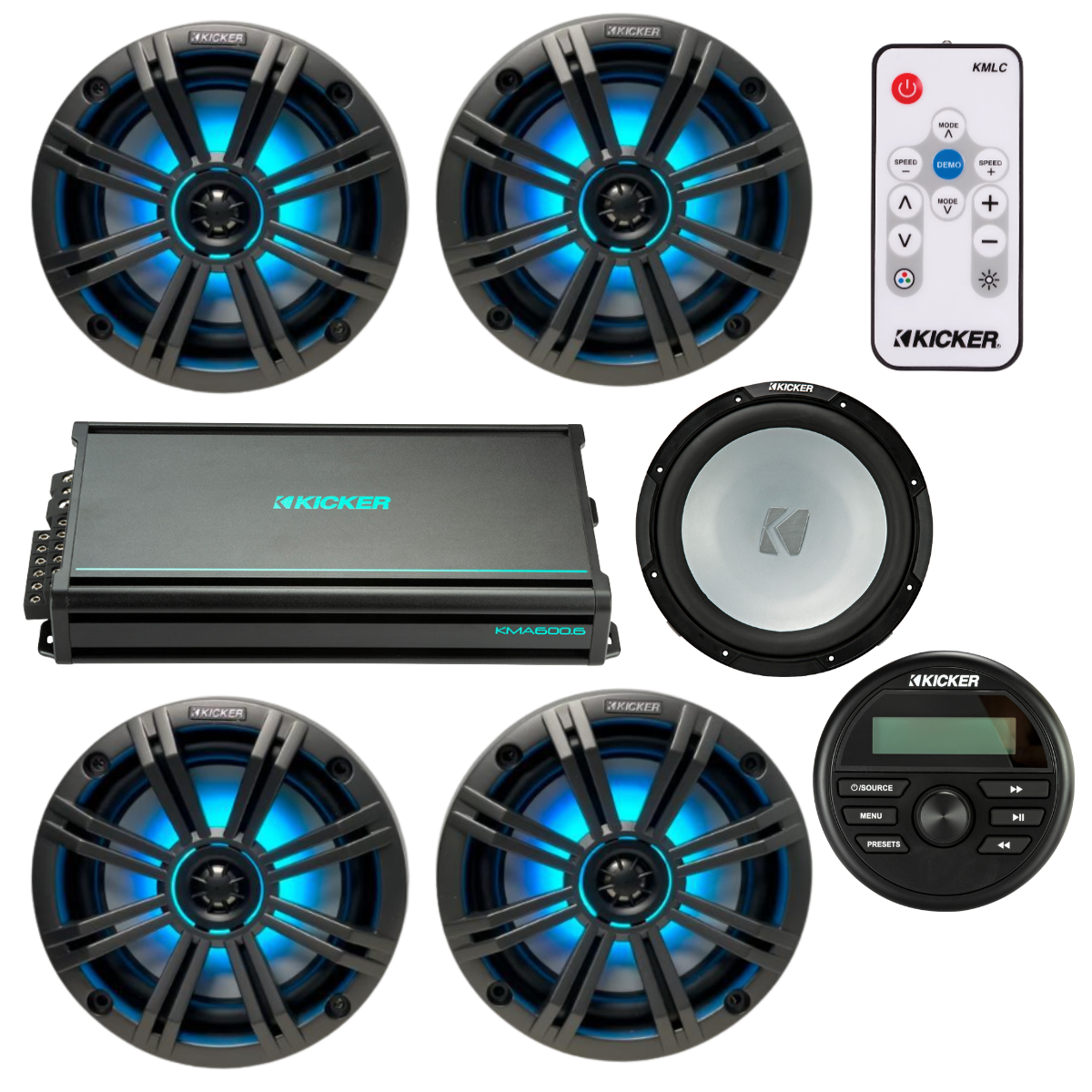 Kicker Marine Audio System – (4) 6.5″ RGB LED Speakers, 6-Ch Amp, 12″ - (2) 45KM654L+(1) 48KMA6006+(1) 45KMF124+(1) KMLC+(1) KMC2