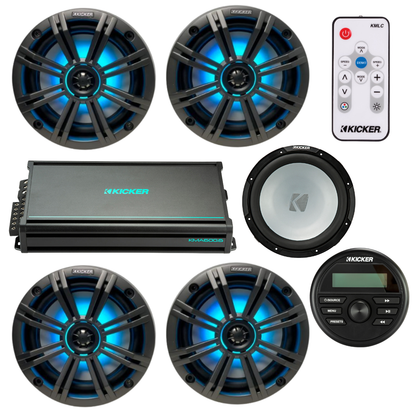 Kicker Marine Audio System – (4) 6.5″ RGB LED Speakers, 6-Ch Amp, 12″ - (2) 45KM654L+(1) 48KMA6006+(1) 45KMF124+(1) KMLC+(1) KMC2