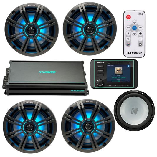 Kicker Marine Audio System – (4) 6.5″ RGB LED Speakers, 6-Ch Amp, 12″ - (2) 45KM654L+(1) 48KMA6006+(1) 45KMF124+(1) KMLC+(1) KMC5