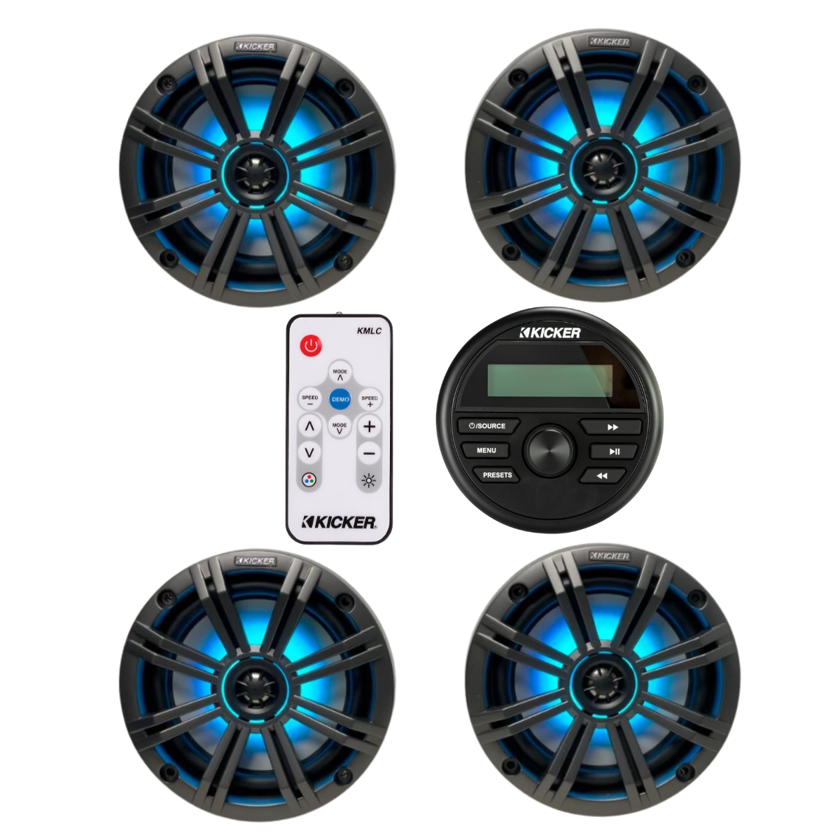 Kicker Marine Audio System – (4) 6.5″ RGB LED Speakers, LED - (2) 45KM654L+(1) KMLC+(1) KMC2