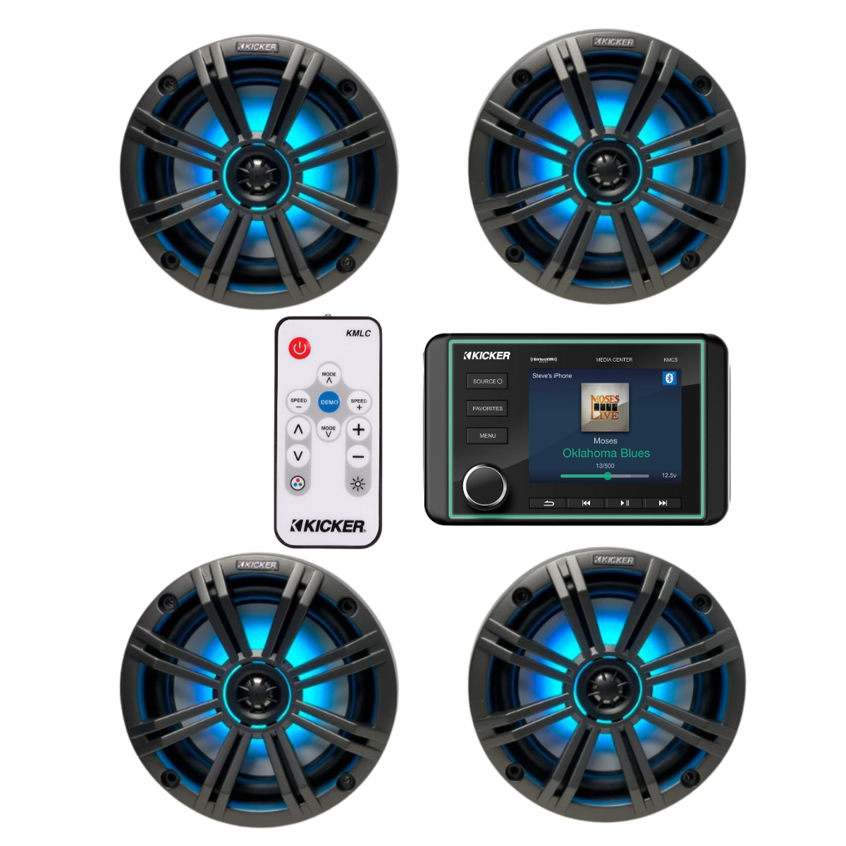 Kicker Marine Audio System – (4) 6.5″ RGB LED Speakers, LED - (2) 45KM654L+(1) KMLC+(1) KMC5