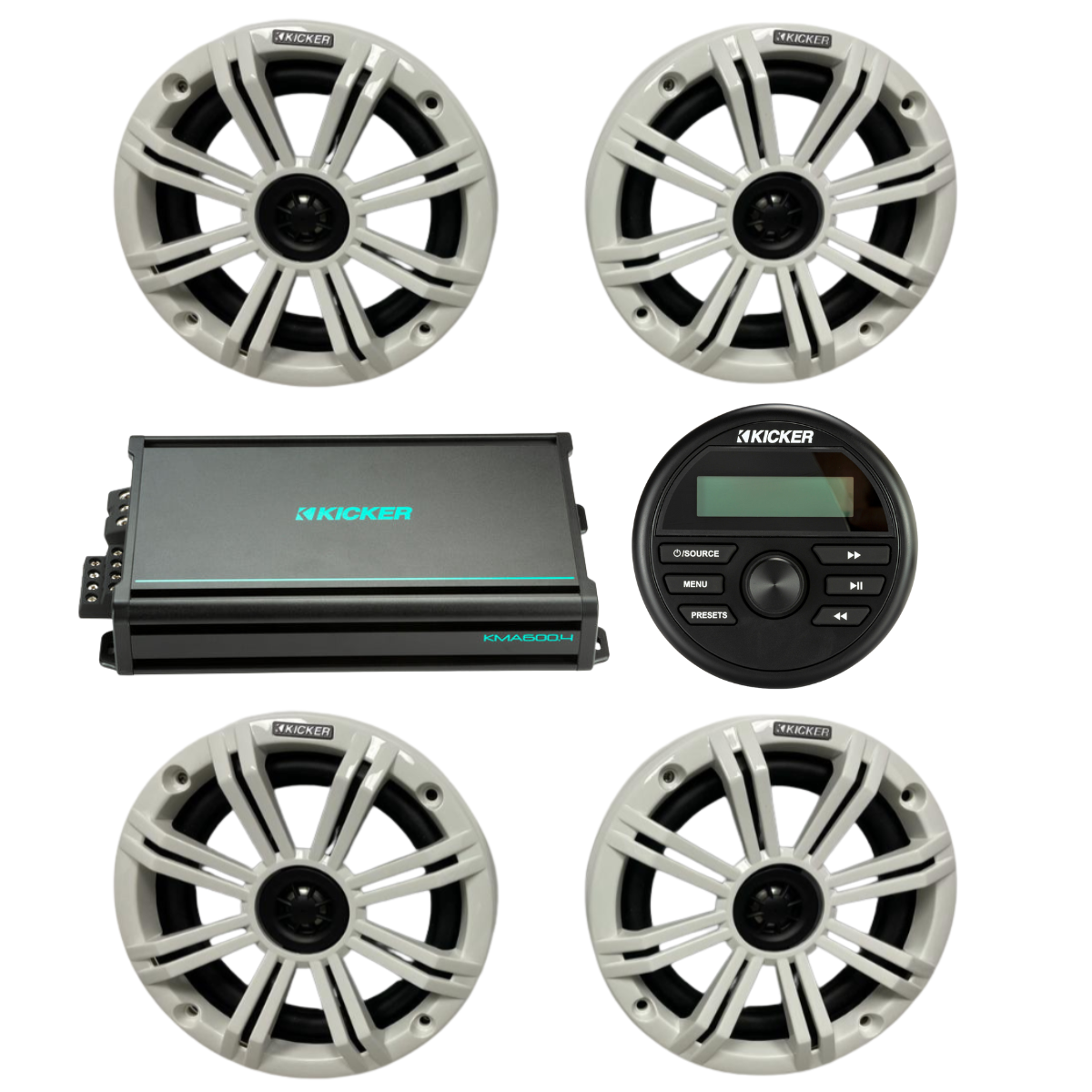 Kicker Marine Audio System – (4) 6.5″ Speakers, 4-Ch Amp + KMC2
