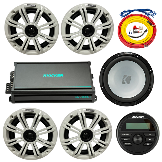 Kicker Marine Audio Bundle – (4) 6.5″ Speakers, 6-Ch Amp, Sub, Wiring - (2) 45KM654 + (1) 48KMA6006 + (1) 45KMF124 + (1) 47KMPK4 + (1) KMC2
