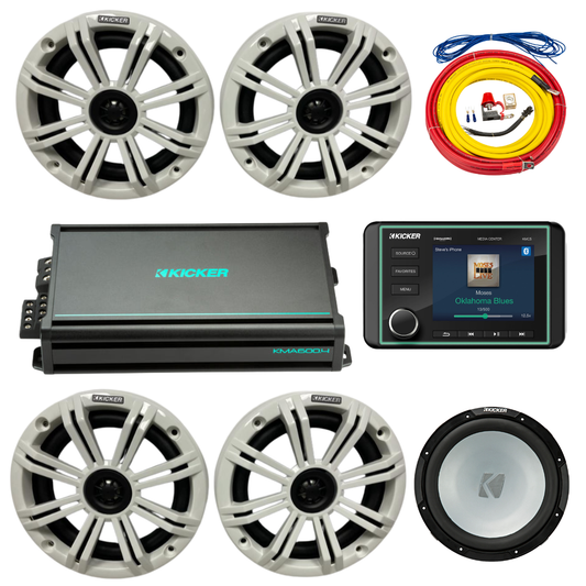 Kicker Marine Audio Bundle – (4) 6.5″ Speakers, 6-Ch Amp, Sub, Wiring - (2) 45KM654 + (1) 48KMA6006 + (1) 45KMF124 + (1) 47KMPK4 + (1) KMC5