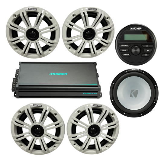 Kicker Marine Audio Bundle – (4) 6.5″ Speakers, 6-Ch Amp, Sub + KMC2