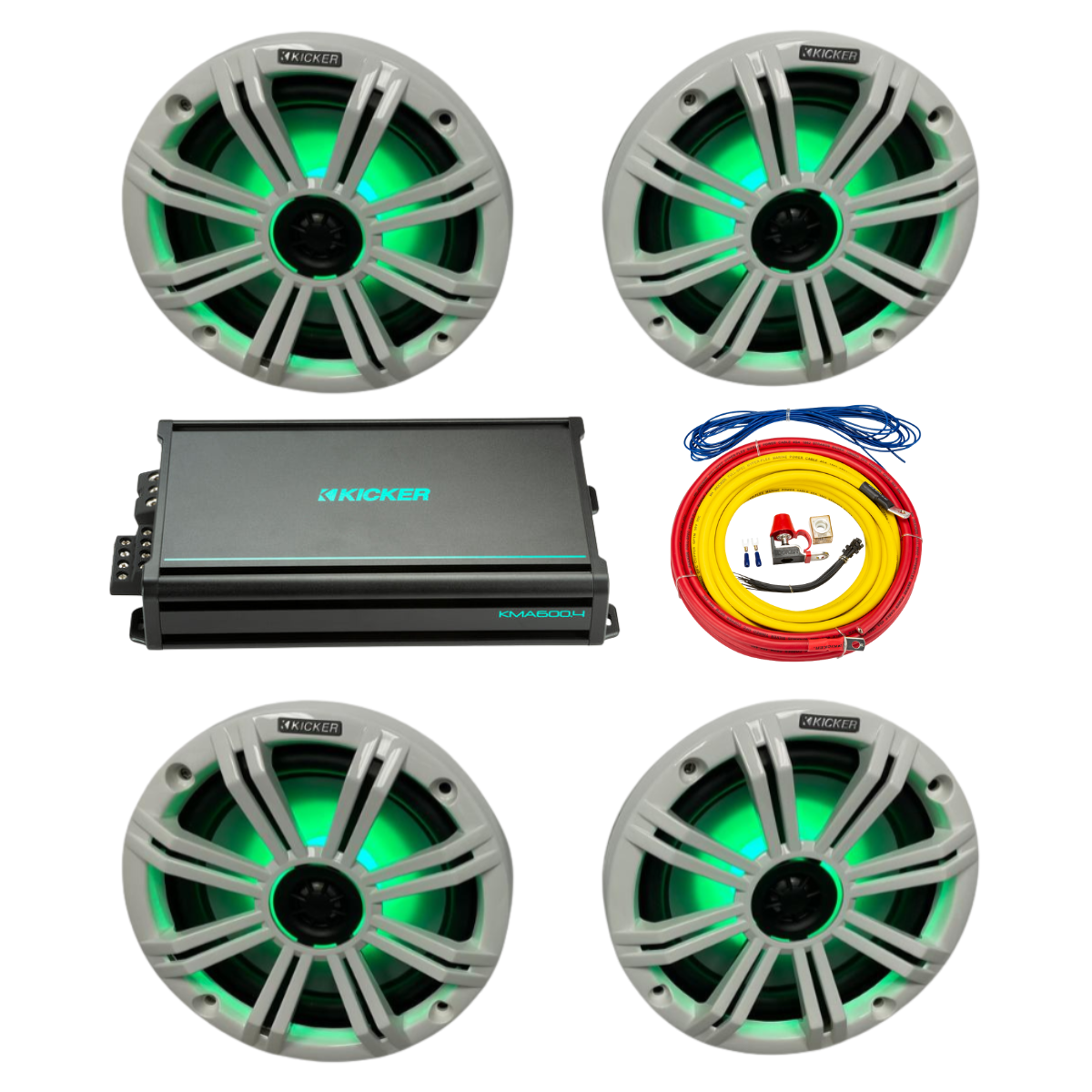 Kicker Marine Audio Bundle – (4) 8″ RGB Speakers, 4-Channel Amp &