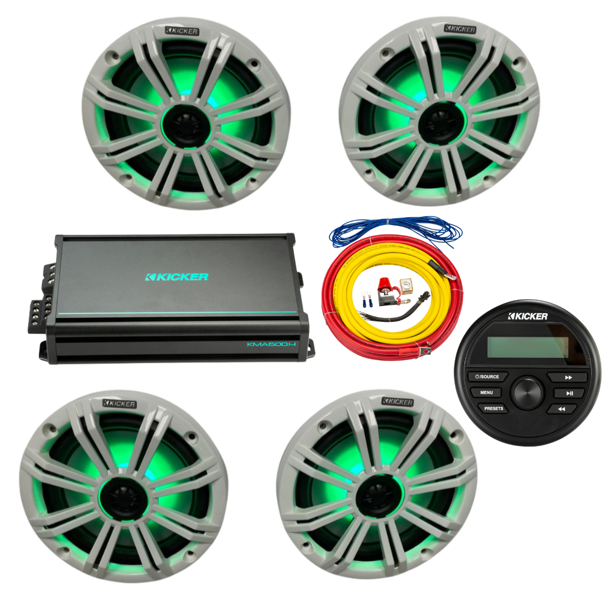 Kicker Marine Audio System – (4) 8″ RGB LED Speakers, Amp, Wiring & - (2) 45KM84L + (1) 48KMA6004 + (1) 47KMPK4 + (1) KMC2