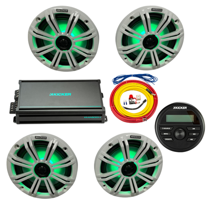 Kicker Marine Audio System – (4) 8″ RGB LED Speakers, Amp, Wiring & - (2) 45KM84L + (1) 48KMA6004 + (1) 47KMPK4 + (1) KMC2