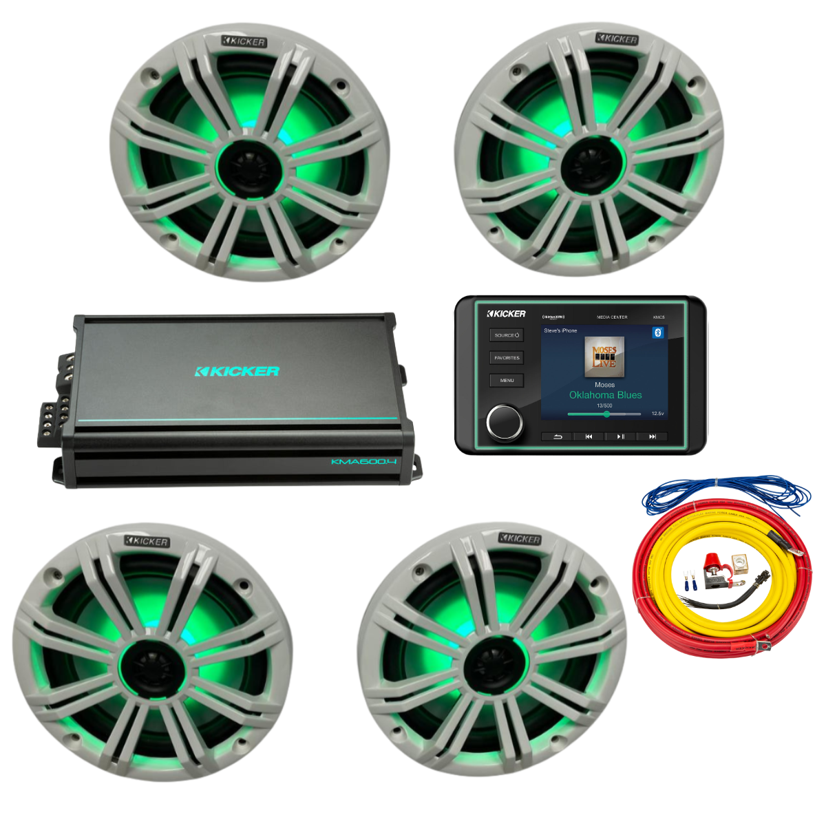 Kicker Marine Audio System – (4) 8″ RGB LED Speakers, Amp, Wiring & - (2) 45KM84L + (1) 48KMA6004 + (1) 47KMPK4 + (1) KMC5