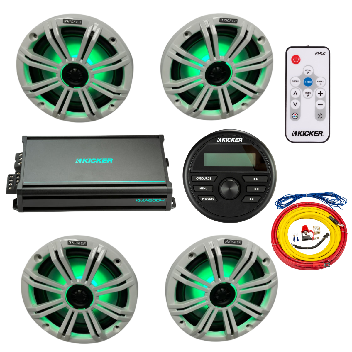 Kicker Marine Audio System – (4) 8″ RGB LED Speakers, Amp, Wiring, - (2) 45KM84L + (1) 48KMA6004 + (1) 47KMPK4 + (1) KMLC + (1) KMC2