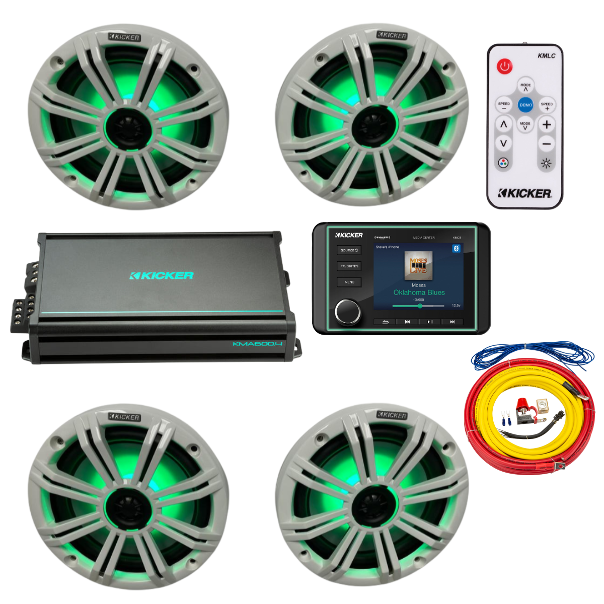 Kicker Marine Audio System – (4) 8″ RGB LED Speakers, Amp, Wiring, - (2) 45KM84L + (1) 48KMA6004 + (1) 47KMPK4 + (1) KMLC + (1) KMC5