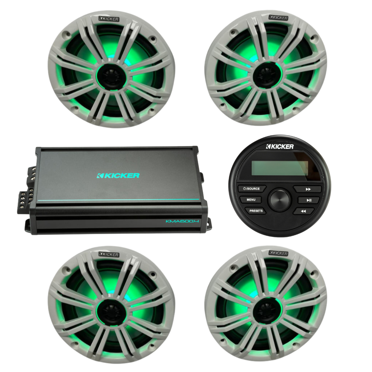 Kicker Marine Audio System – (4) 8″ RGB LED Speakers, 4-Ch Amp & KMC2