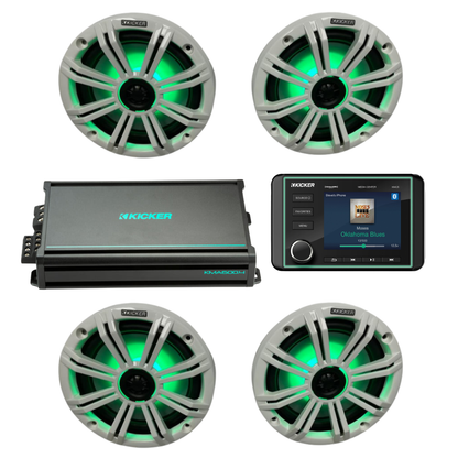 Kicker Marine Audio System – (4) 8″ RGB LED Speakers, 4-Ch Amp & KMC5