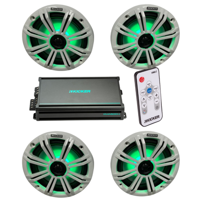Kicker Marine Audio System – 4× 8″ RGB Speakers, 4-Channel Amp & LED
